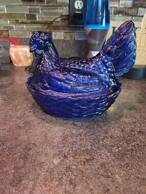 Vintage Cobalt Blue Glass Hen On Nest Covered Dish